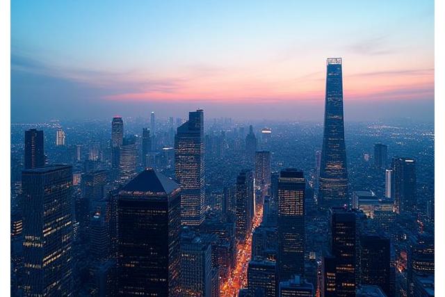 日本の近代的な都市風景とビジネスビル群、上空に浮かぶ桜のイラスト